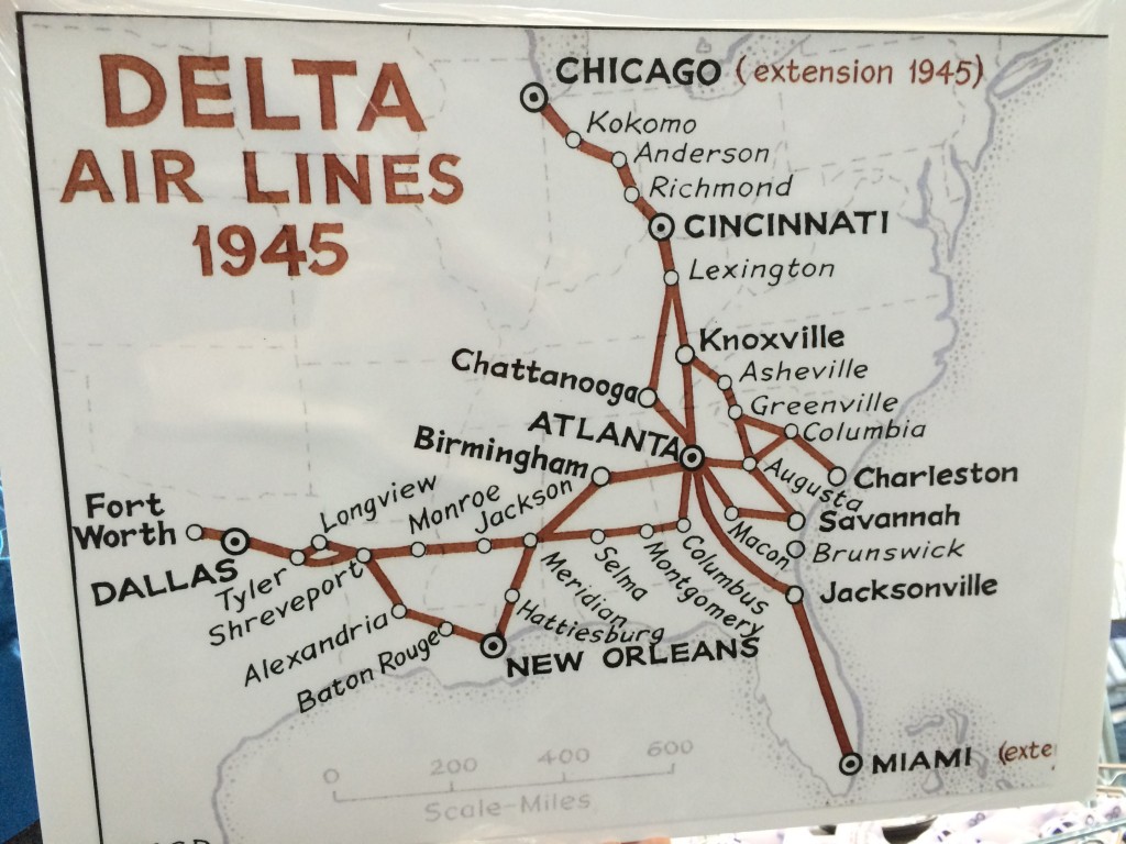 Delta Air Lines route map circa 1945.