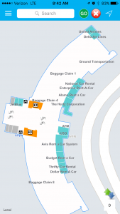 The JAX Airport app has an interactive map of all areas of the terminal including baggage claim, ticketing, the central courtyard and concourses A and C. 