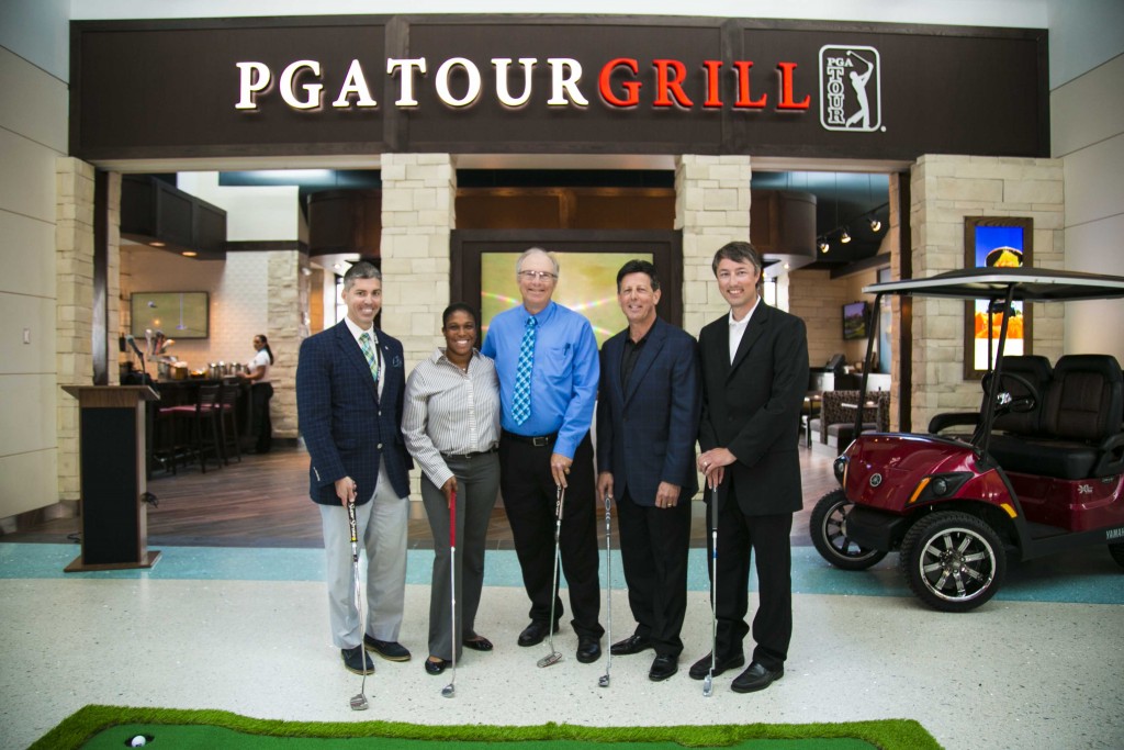 Celebrating the grand opening, from left to right: Pat Kilbane, Board Chair, Jacksonville Aviation Authority; Camille Lee-Johnson, Executive Vice President and Managing Director, Lee Wesley Group, LLC; Steve Grossman, CEO, Jacksonville Aviation Authority; Jeff Yablun, Executive Vice President & COO, HMSHost; Lance Stover, SVP of Licensing & New Ventures, PGA TOUR. 